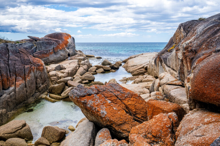 Beautiful view of a beach with clean blue water under a bright sky in Tasmania, Australia