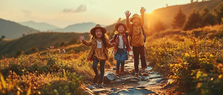 group-children-standing-top-grass-covered-hillside