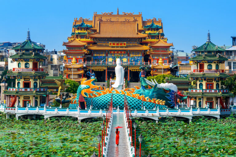 Asian woman in chinese dress traditional walking at temple in Ka