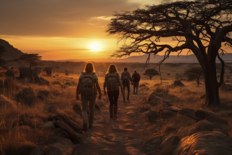 a group of people hiking through an african savannah