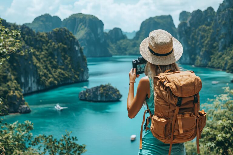 Travelers exploring beautiful landscapes during World Tourism Day, taking photos and enjoying local culture